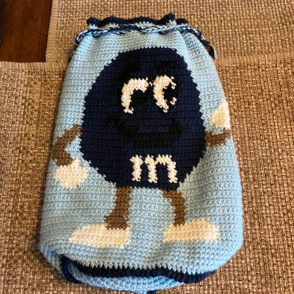 Handmade M&M Crochet Drawstring Bag Blue Kidcore Y2K Backpack Kitschy Retro VTG